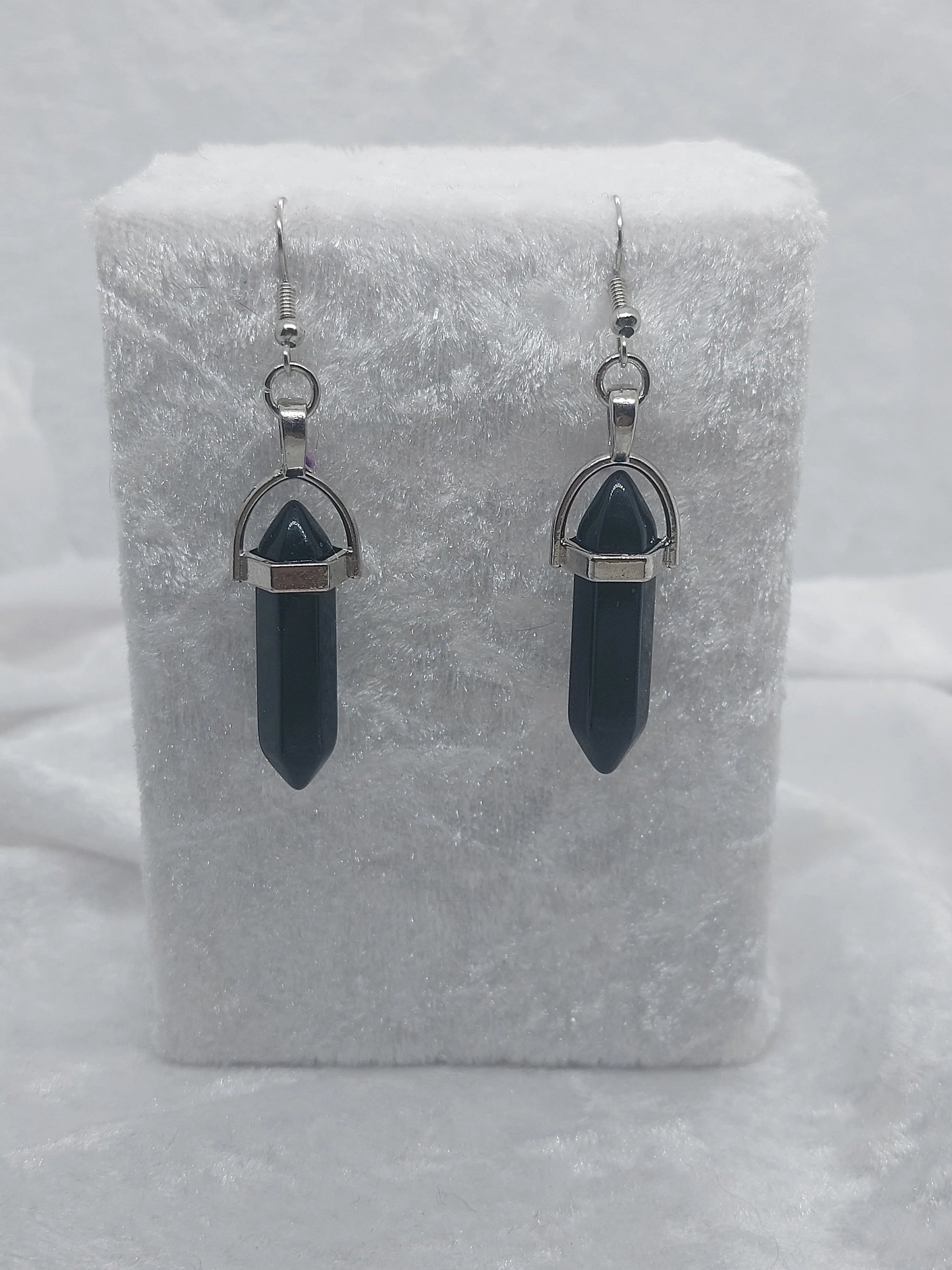 Black Obsidian Gemstone Bullet Silver Earrings - 1118Markets