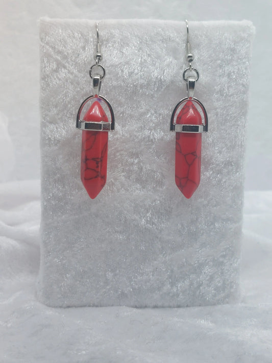 Red Howlite Gemstone Bullet Silver Earrings - 1118Markets