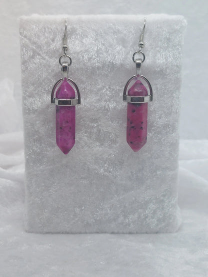 Pink Jasper Gemstone Bullet Silver Earrings - 1118Markets