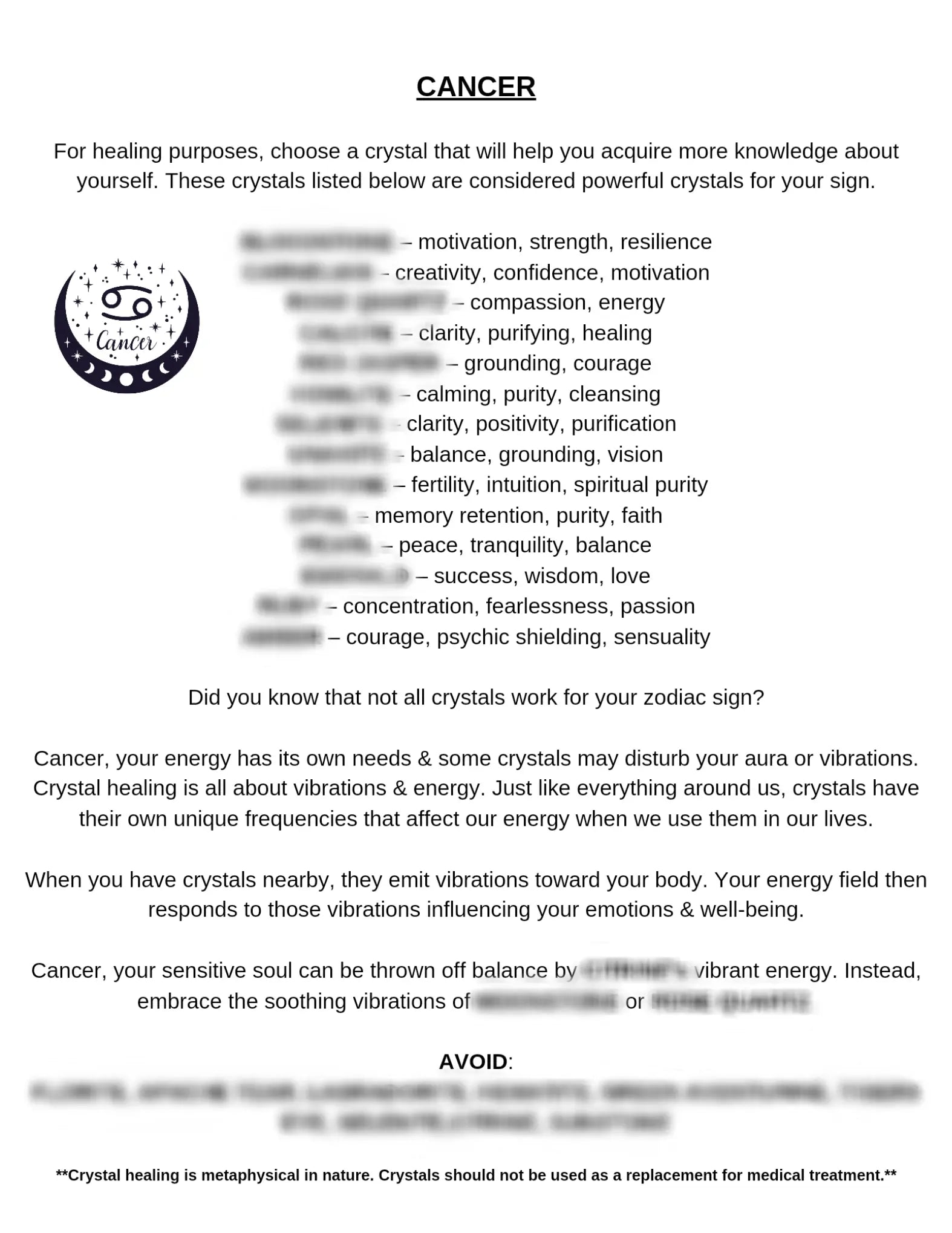Cancer Zodiac Crystals Worst Best Good Printable 1118 MARKETS & EVENTS