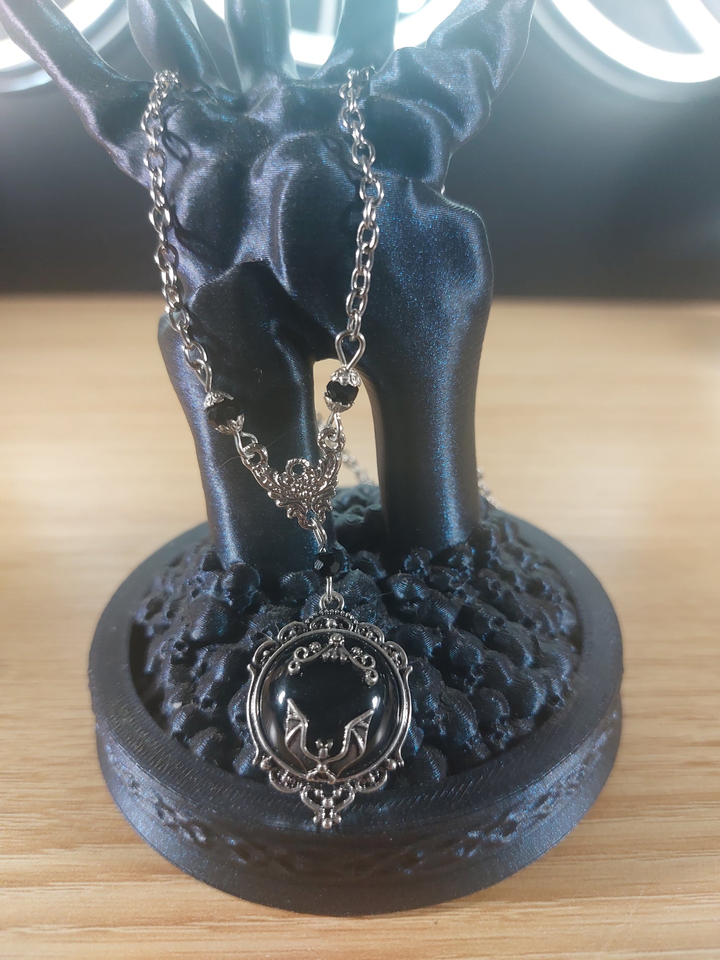 Black Bat Accent on Silver Tone necklace
