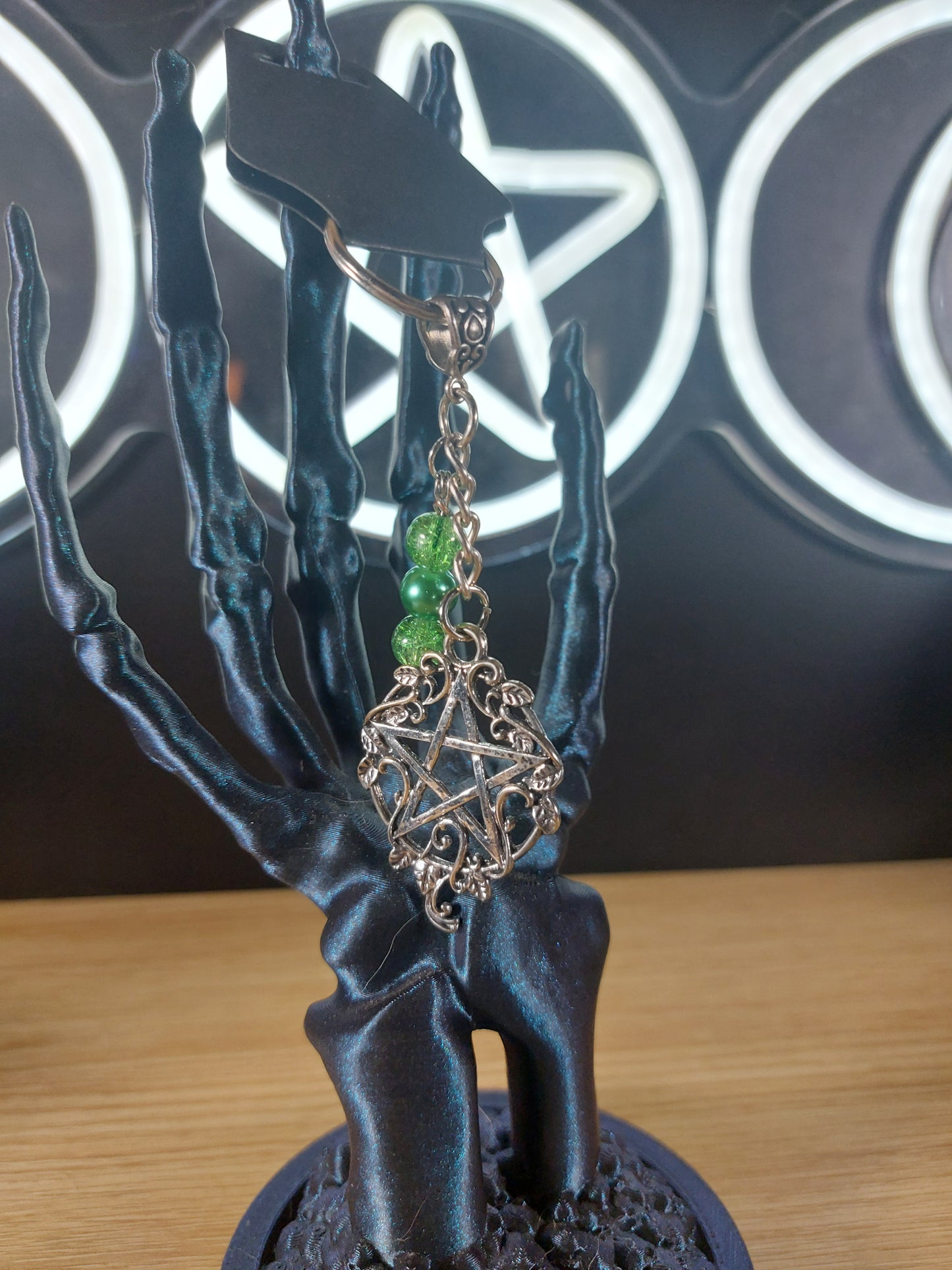 Silver Tone Large Pentagram with Green Glass Beads Keychain