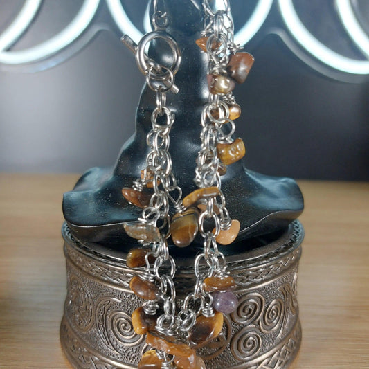 Tigers Eye chip bracelet, approximately 8in, with stainless steel chain and natural brown-gold stones.