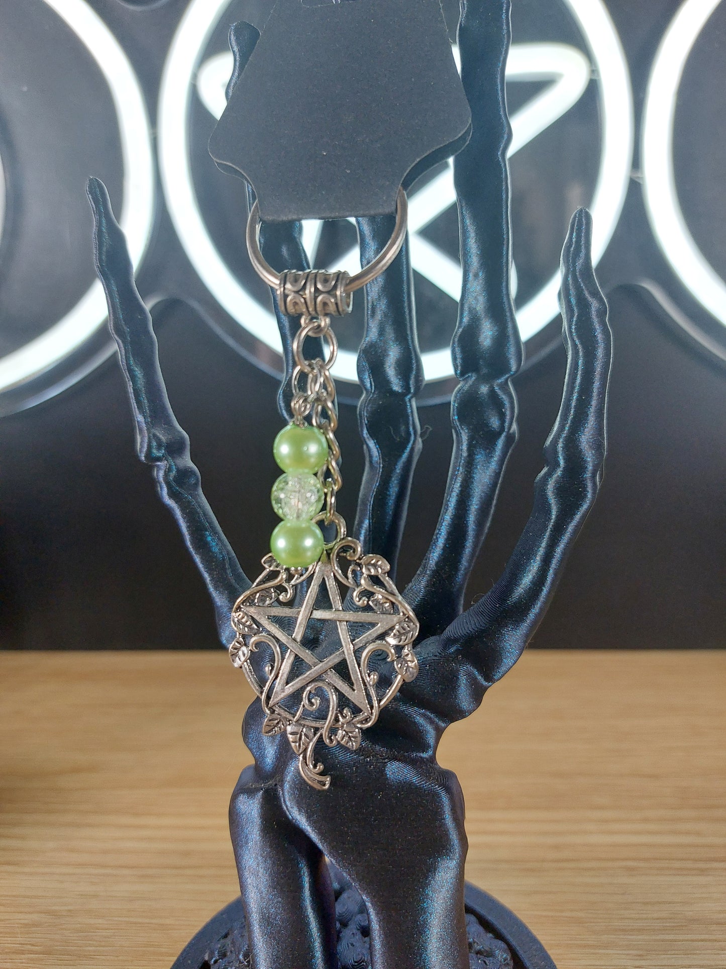 Large Pentagram with Green Glass Beads Keychain