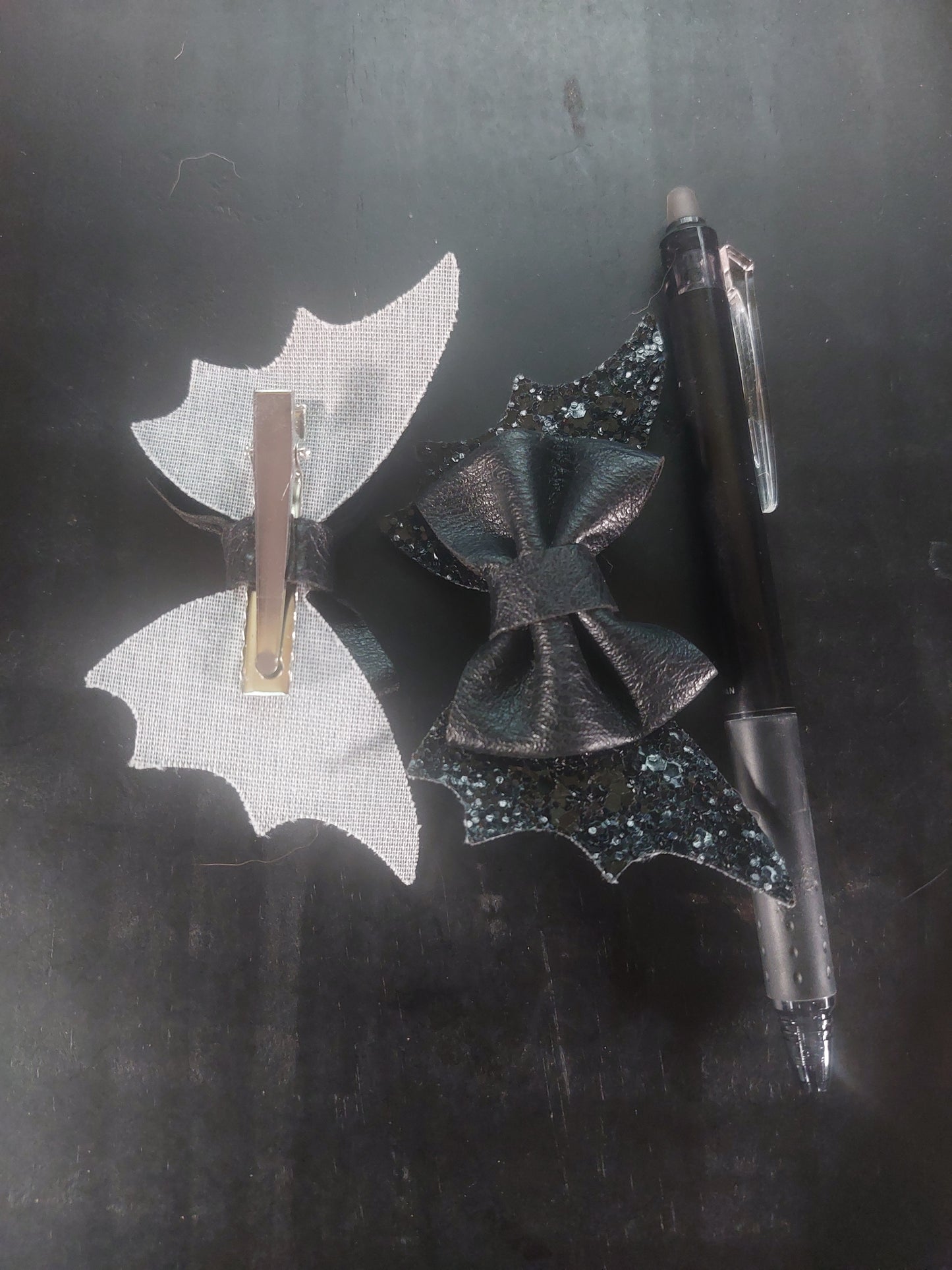 Black Leather Type Glitter Bat Wing Barrette Set