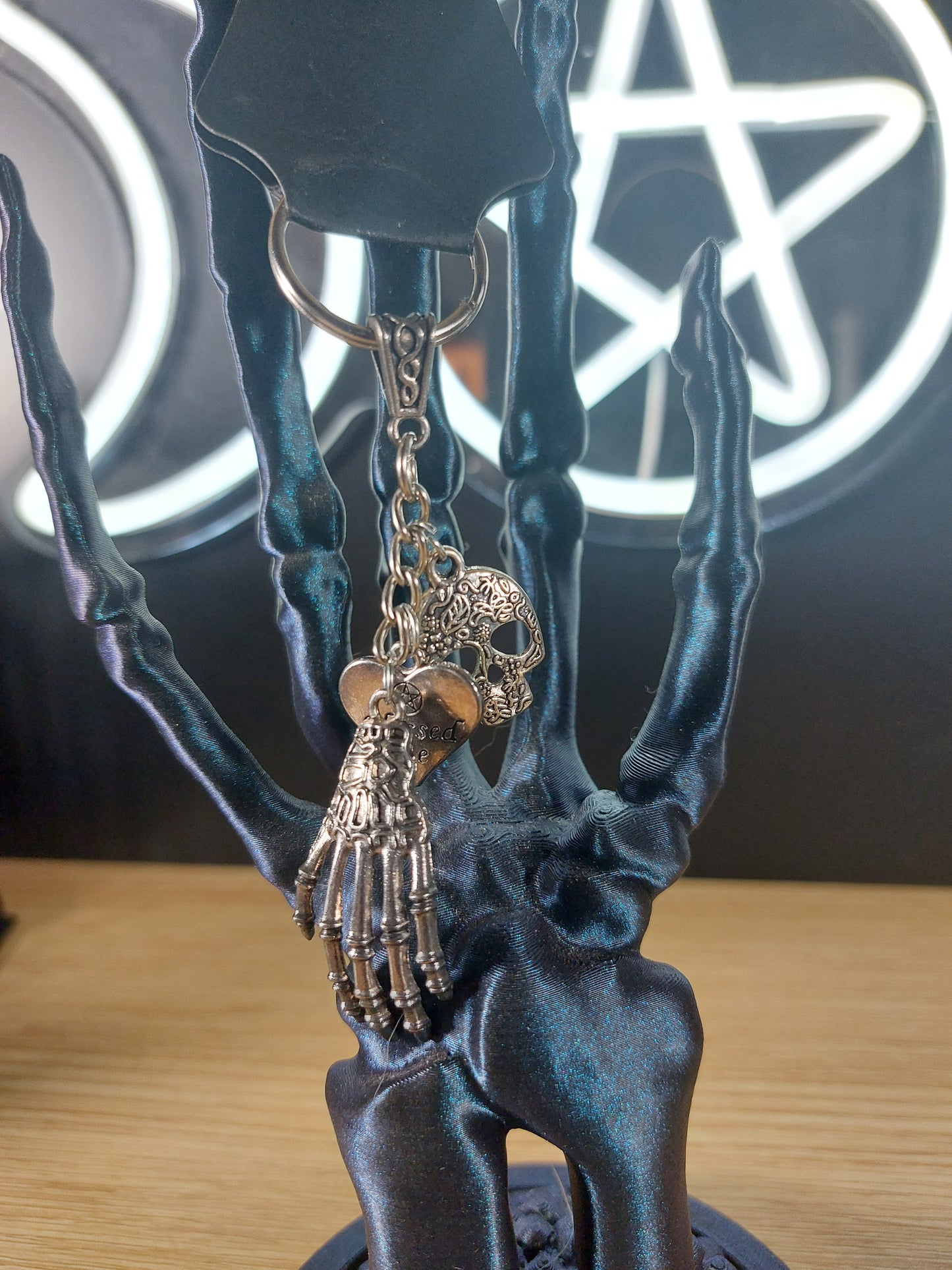 Silver Tone Skeleton  Hand with Charms Keychain