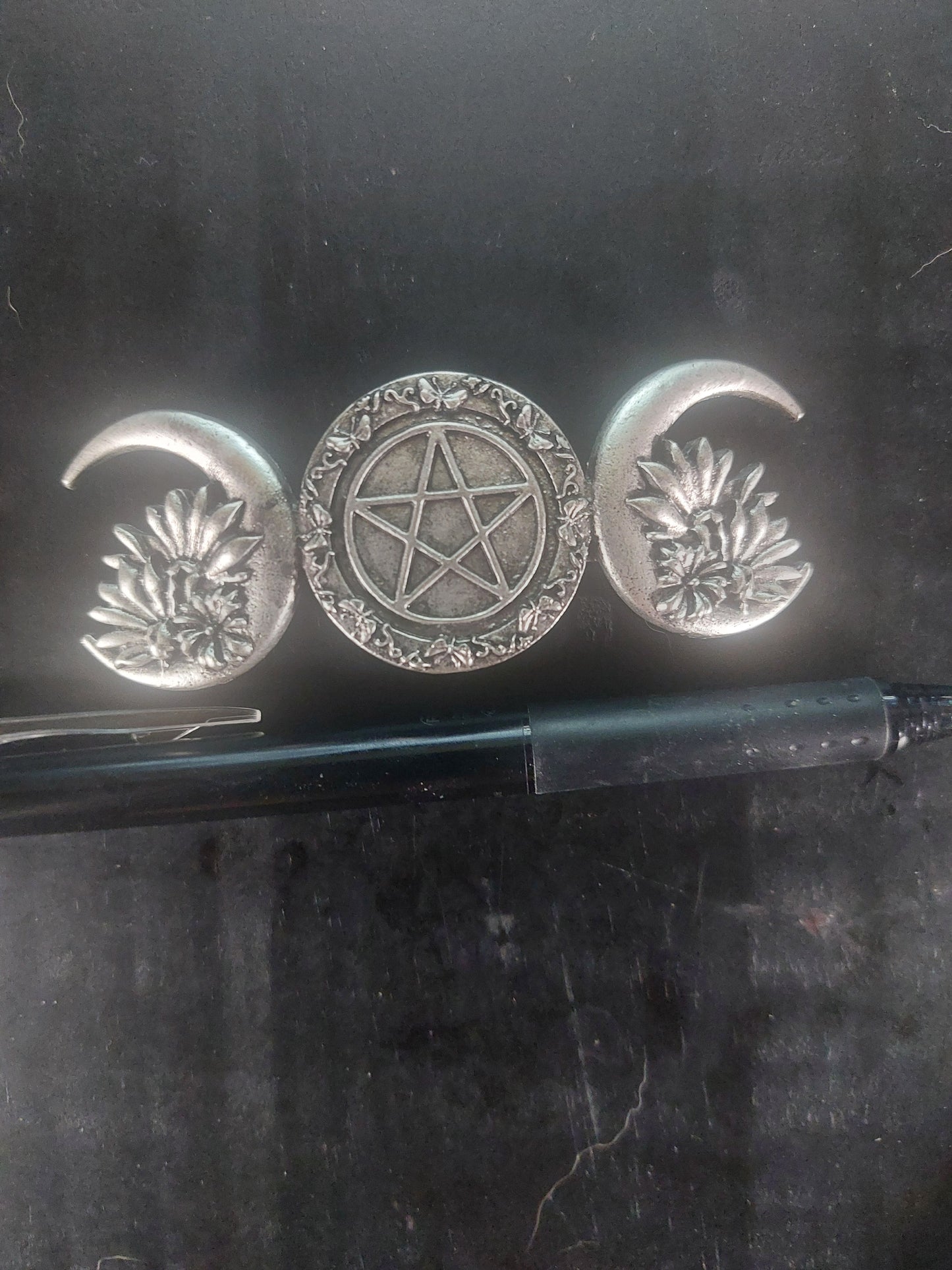 Metal Triple Moon with Pentagram Barrette