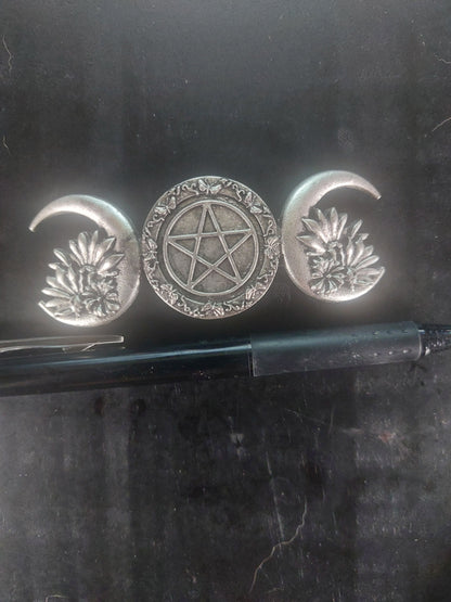 Metal Triple Moon with Pentagram Barrette