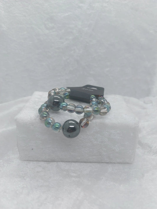 Hematite and Dark Grey with Green Iridescents Glass Beaded Acupressure Bracelet 1118Markets