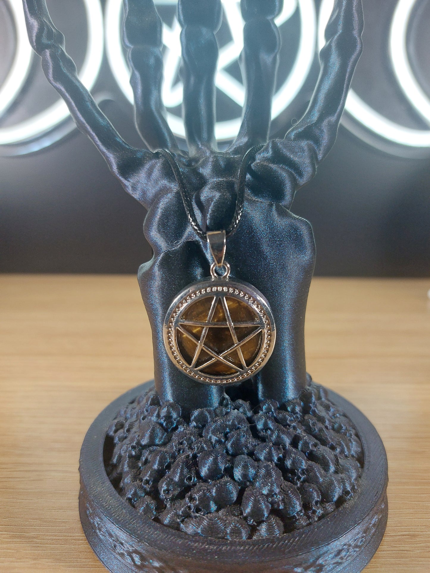 Tiger Eye with Silver Tone Pentagram  Necklace