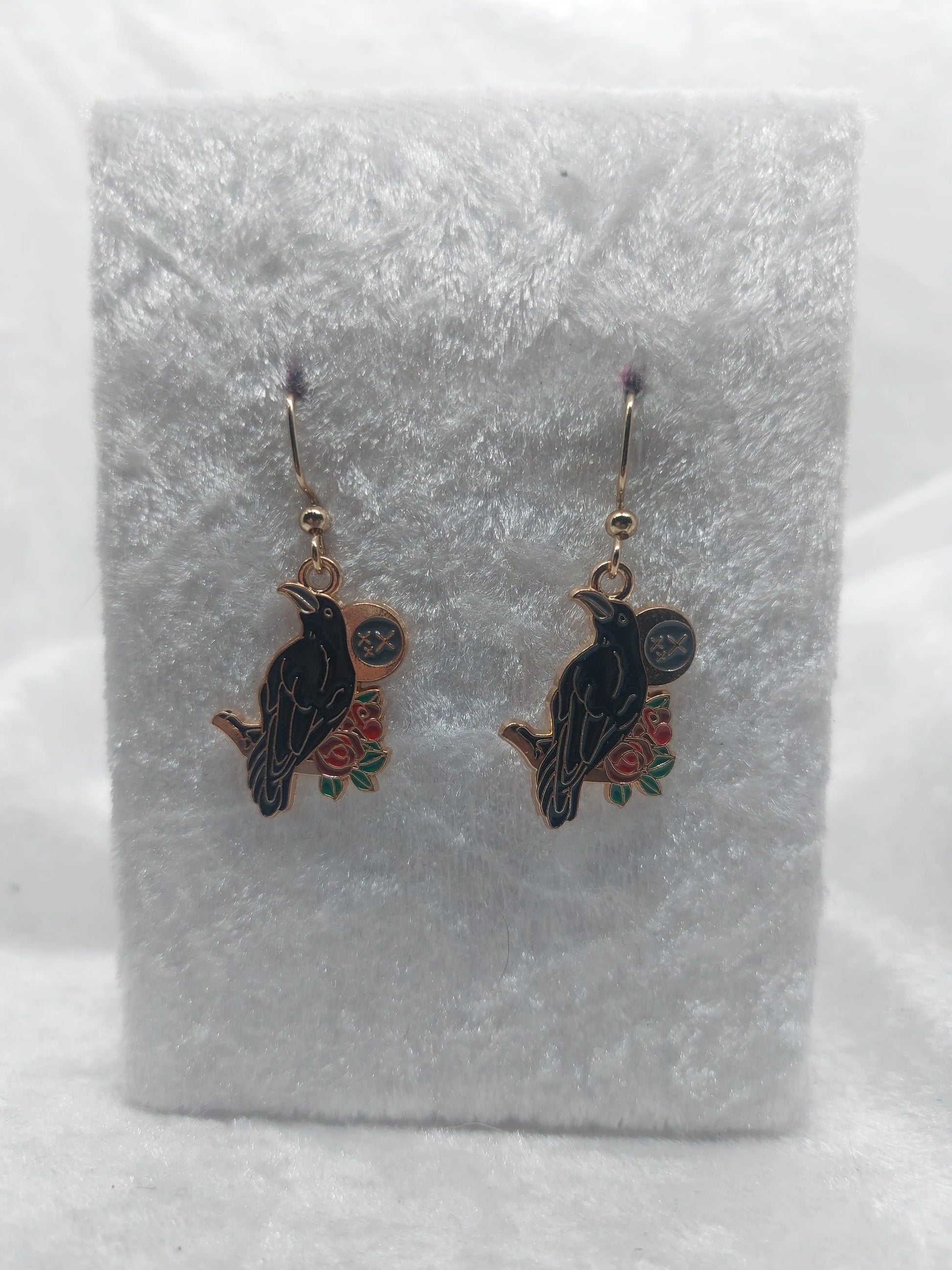 Black Raven Crow with Moon Gold Earrings 1118Markets
