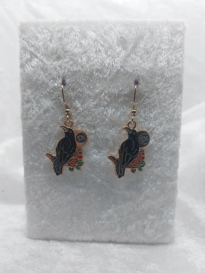 Black Raven Crow with Moon Gold Earrings 1118Markets