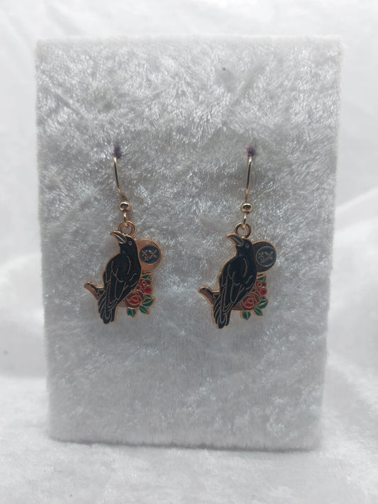 Black Raven Crow with Moon Gold Earrings 1118Markets
