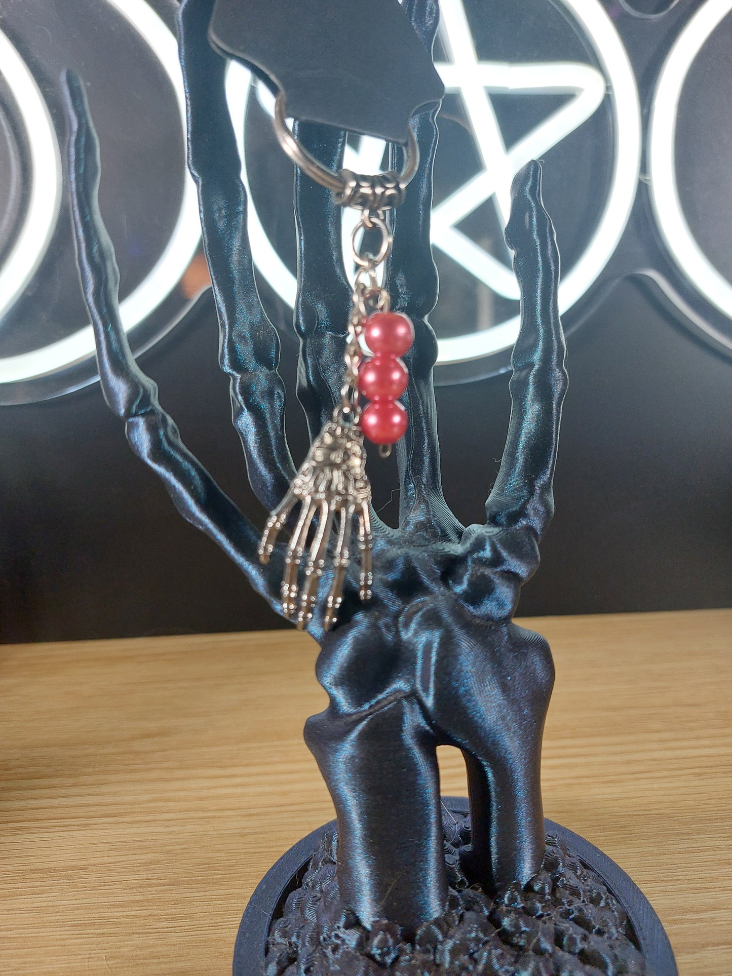 Silver Tone Large Skeleton Hand with Glass Beads Keychain