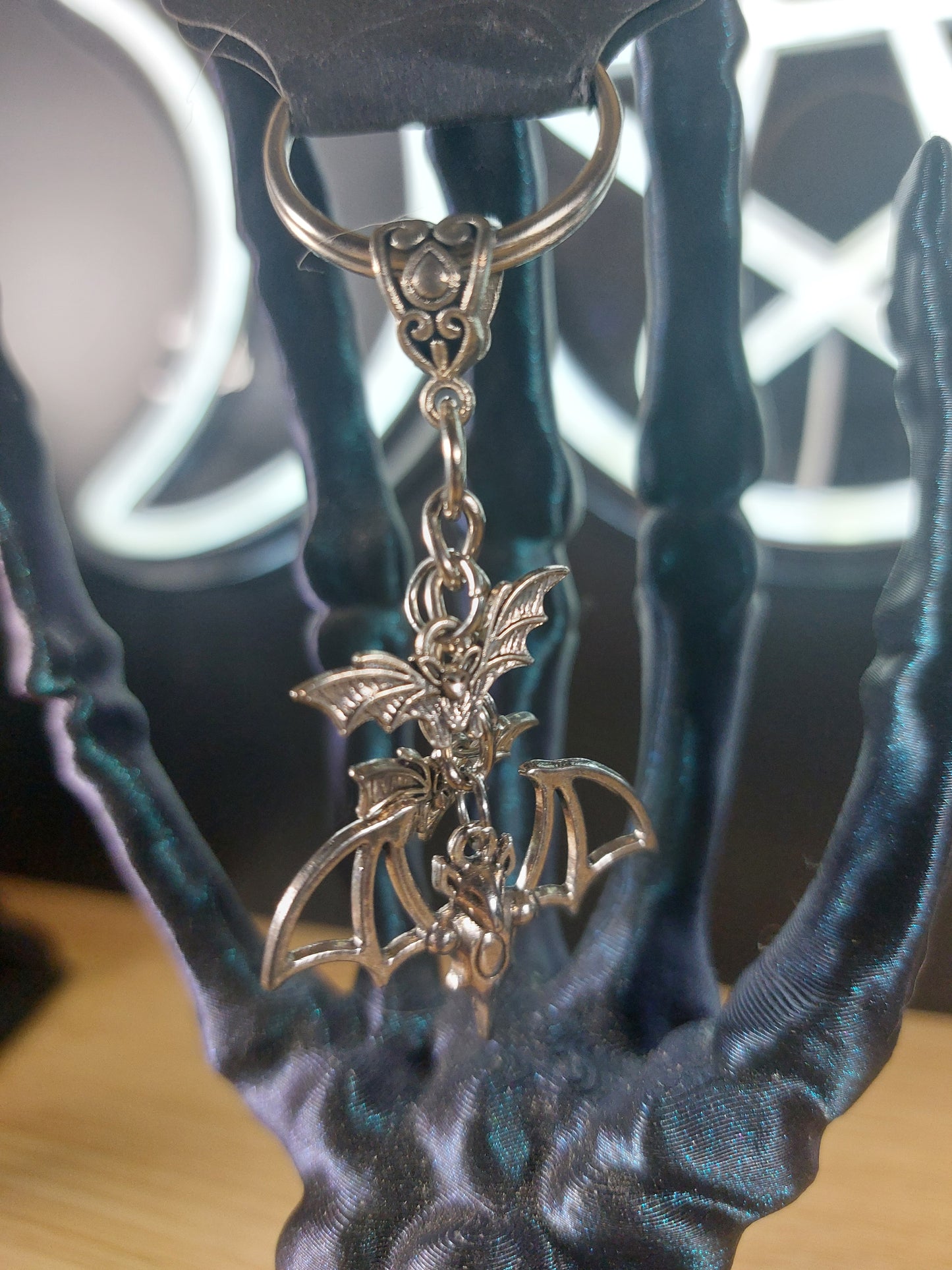 Silver Tone Triple Bat Keychain