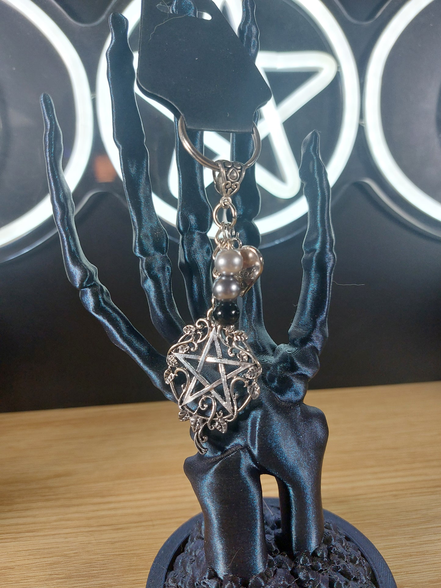Large Silver Tone Pentagram with Glass Beads Keychain
