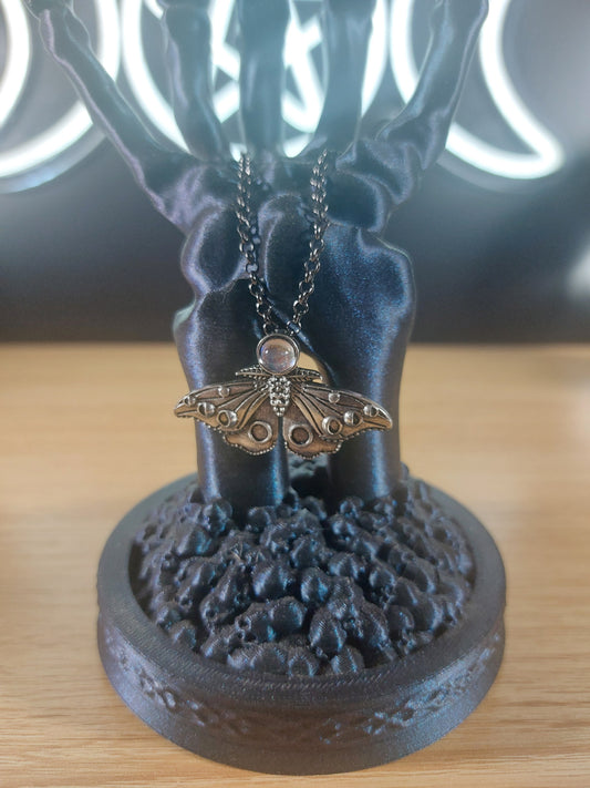 Gun Metal Silver Moth with Rhinestone  Necklace