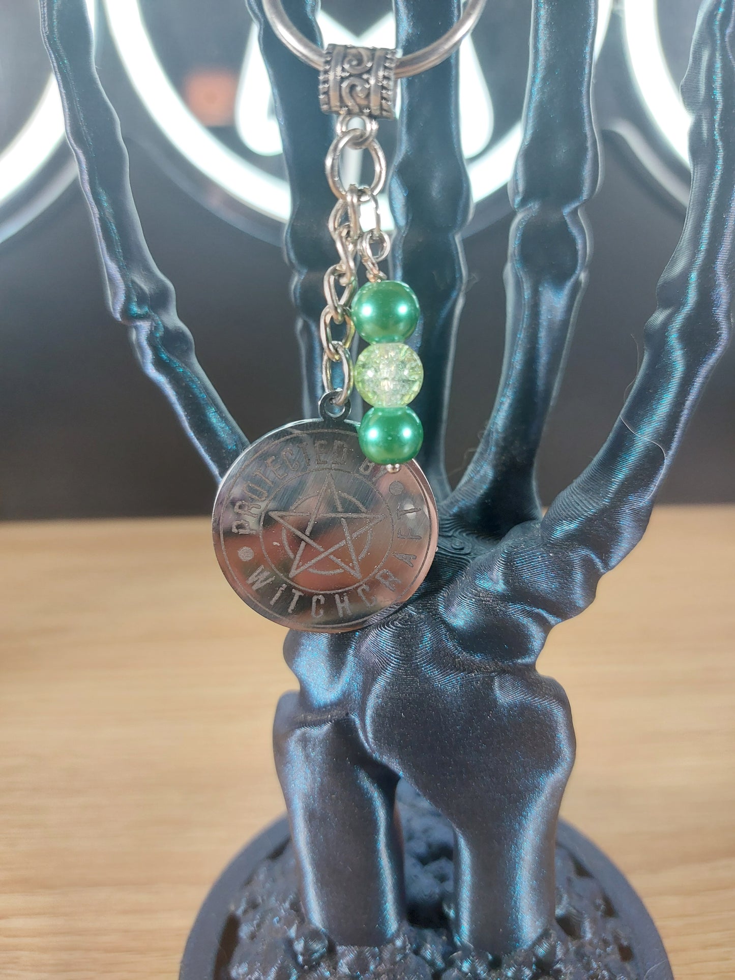 Silver Tone PROTECTED BY WITCHCRAFT Medal with Glass Beads Keychain