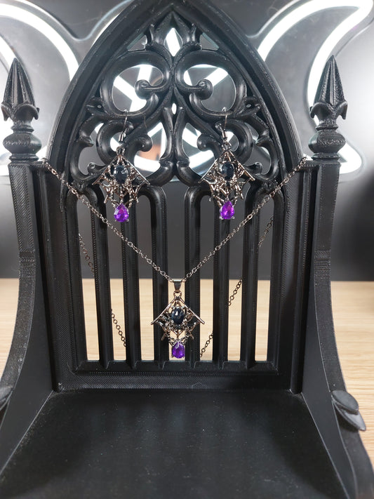Gunmetal Color Spiderweb & Spider Web Earrings Set