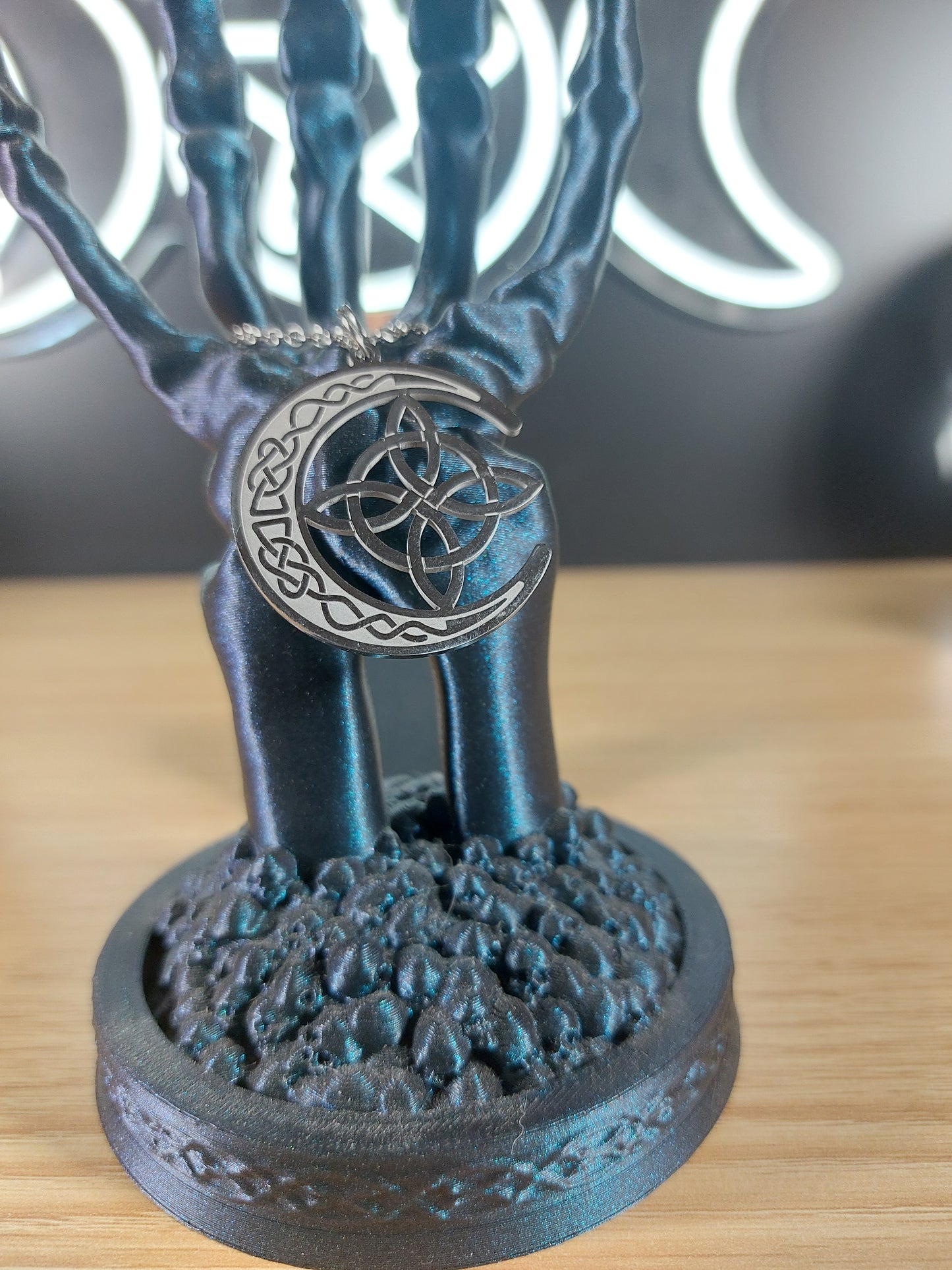 Stainless Steel Etched Moon with a Witches Knot