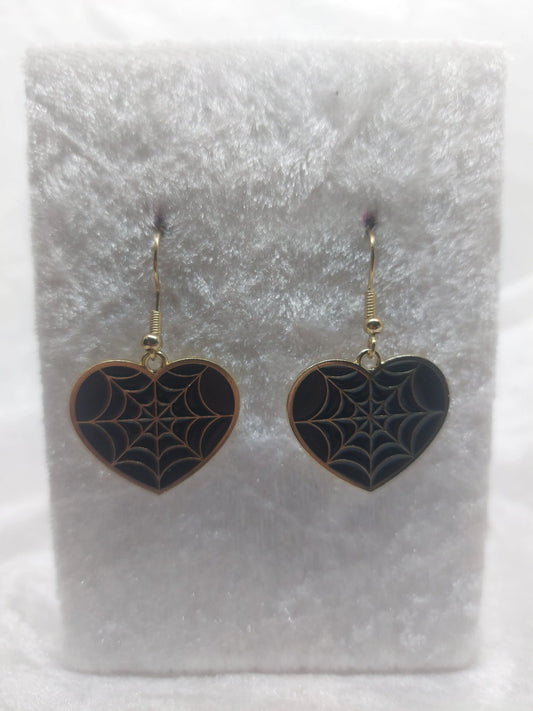 Black Spider Web Hearts Gold Earrings 1118Markets