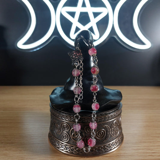 Pink cherry blossom jade beaded bracelet with stainless steel chain, bead caps, and a witches knot charm.