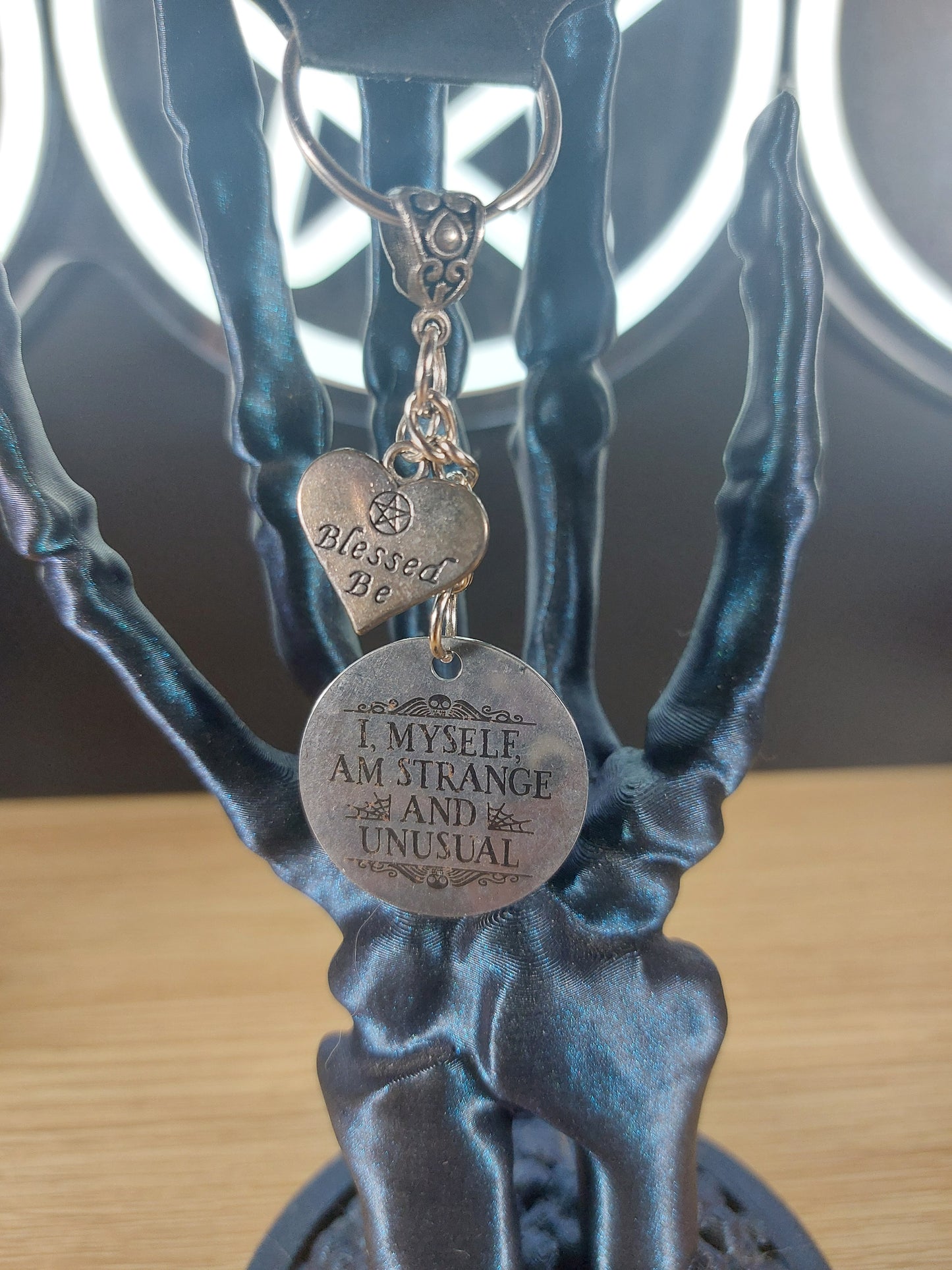 Silver Tone I Myself Am Strange and Unusual Medal with Heart Keychain
