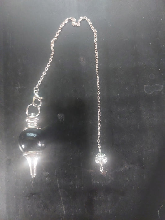 Black Obsidian Pendulum on Silver Tone Chain