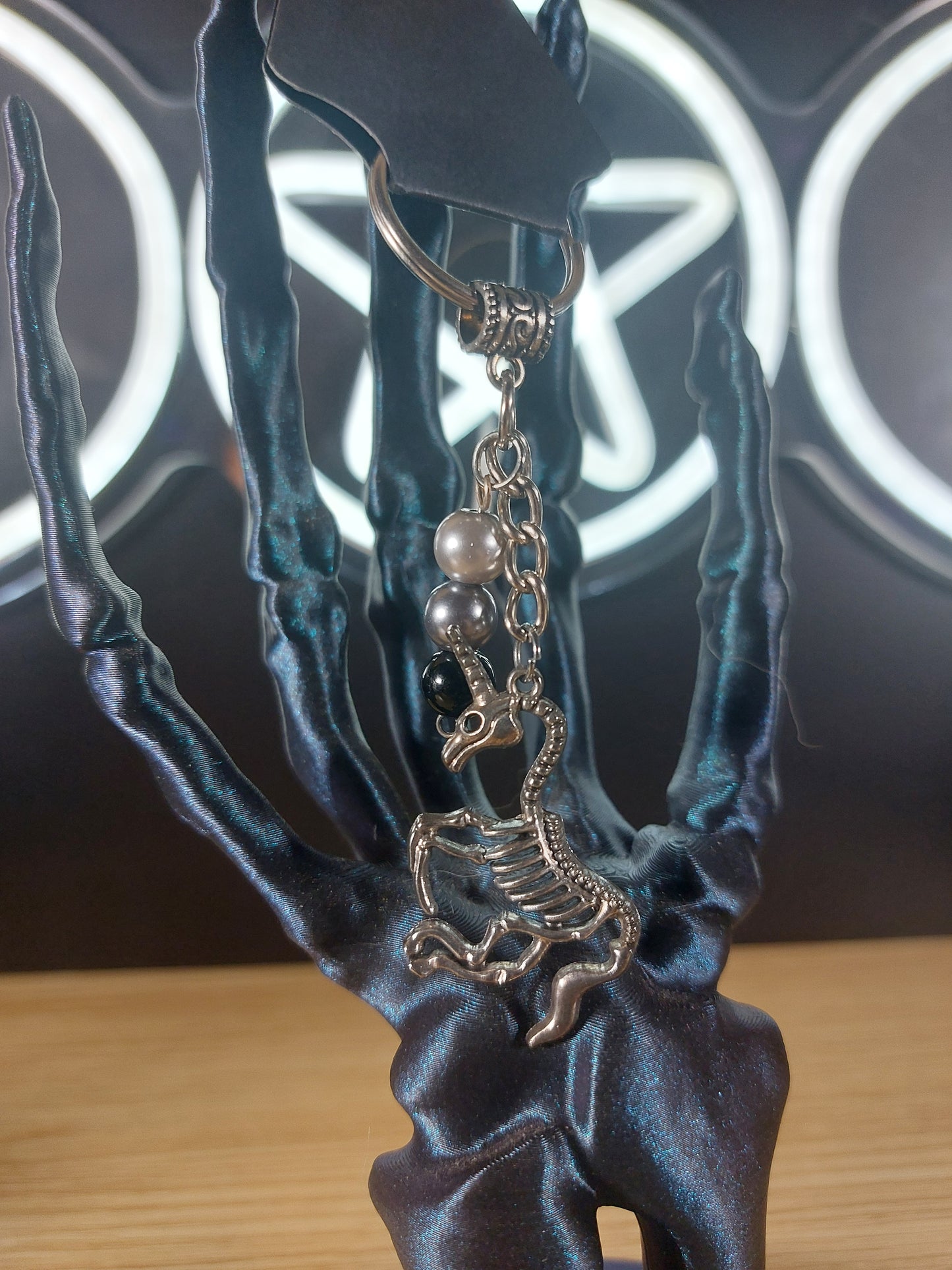 Silver Tone Unicorn Skeleton with Glass Beads Keychain
