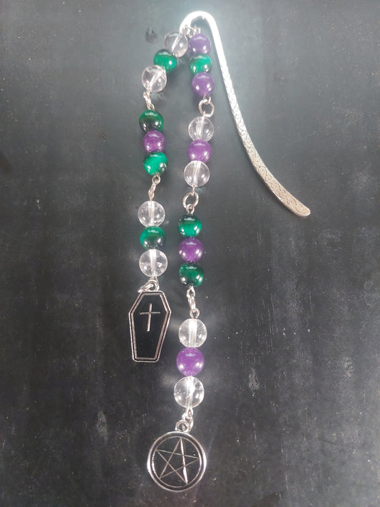 Green Tigers Eye Amethyst and Clear Quartz Crystal Bookmark