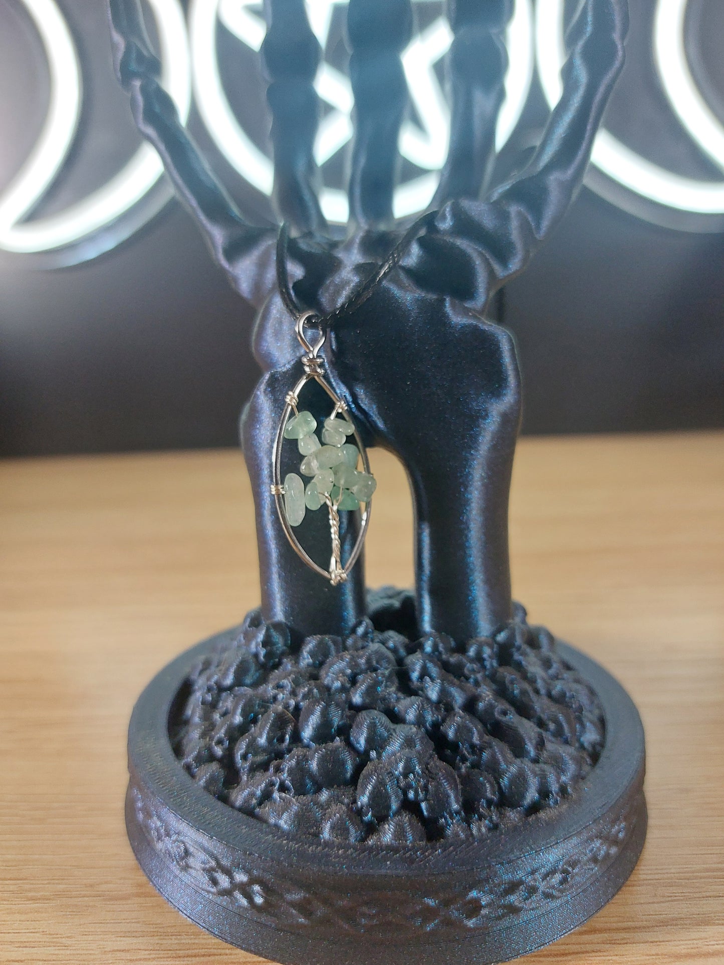 Green Aventurine Silver Tone Wire Wrapped Tree of Life Style Necklace