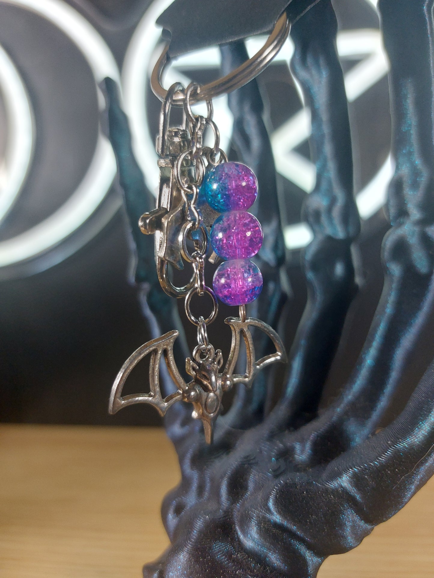 Silver Tone Bat and Heart Charms and Glass Beads Keychain
