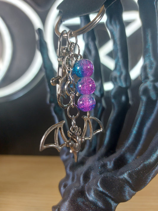 Silver Tone Bat and Heart Charms and Glass Beads Keychain