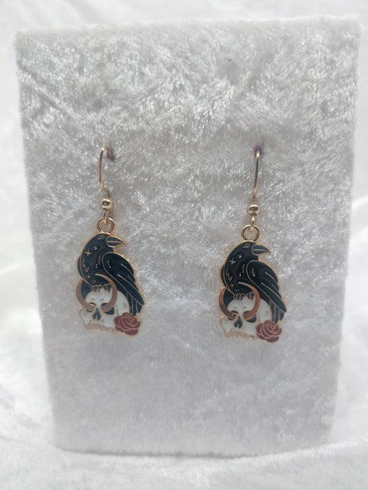 Raven Crow on Skull Gold Earrings 1118Markets