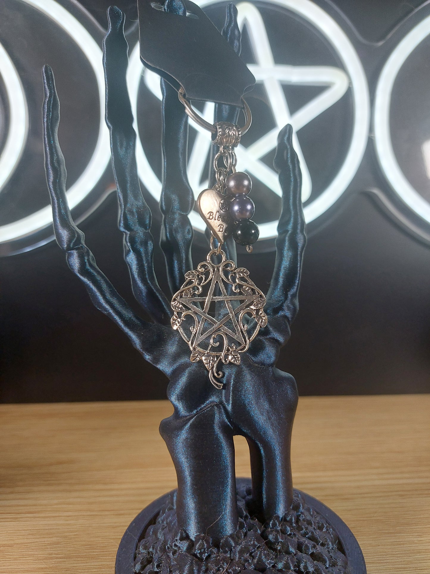 Large Silver Tone Pentagram with  Pearl Like Glass Beads