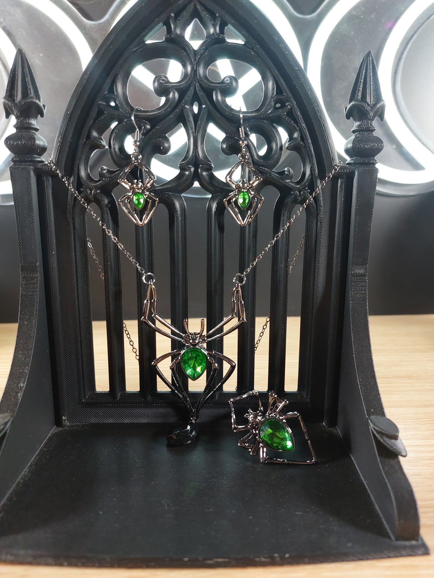 Large Silver Tone Spider with Green Accents Necklace