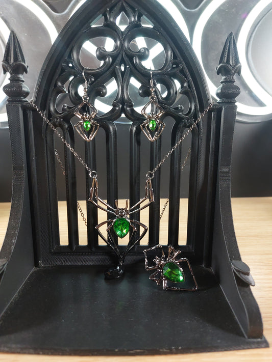 Large Silver Tone Spider with Green Accents Necklace